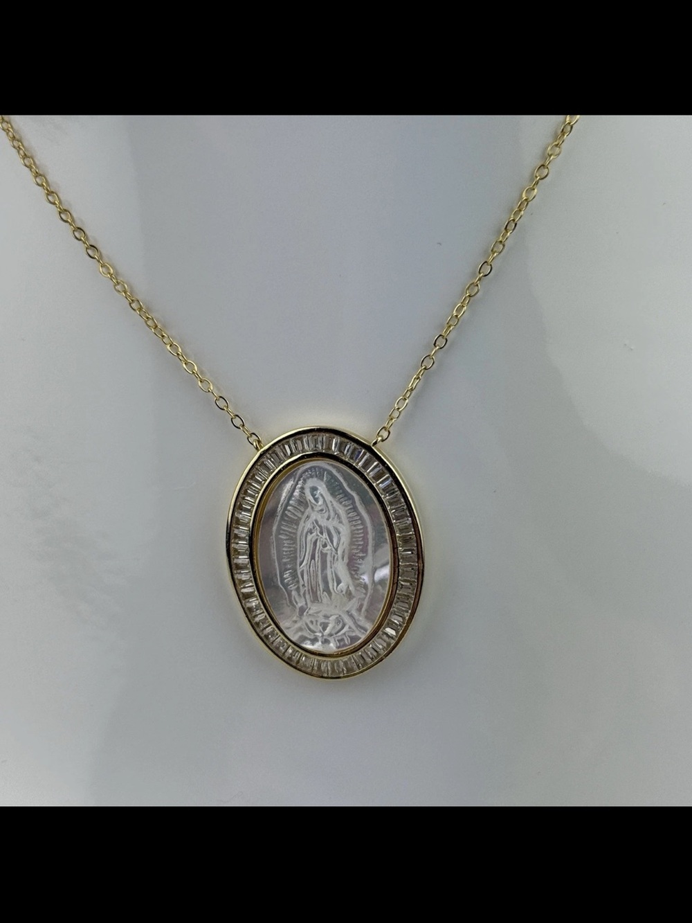 Gold Plated 925 Sterling Silver Mother Of Pearl MOP Virgin Mary Madonna Necklace